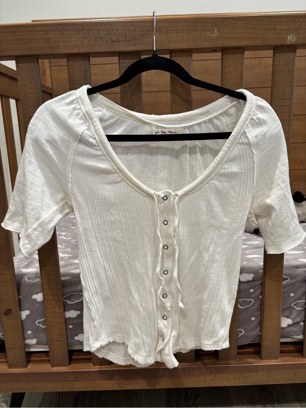 Free People White Button-Front Ribbed Scoop Neck Top